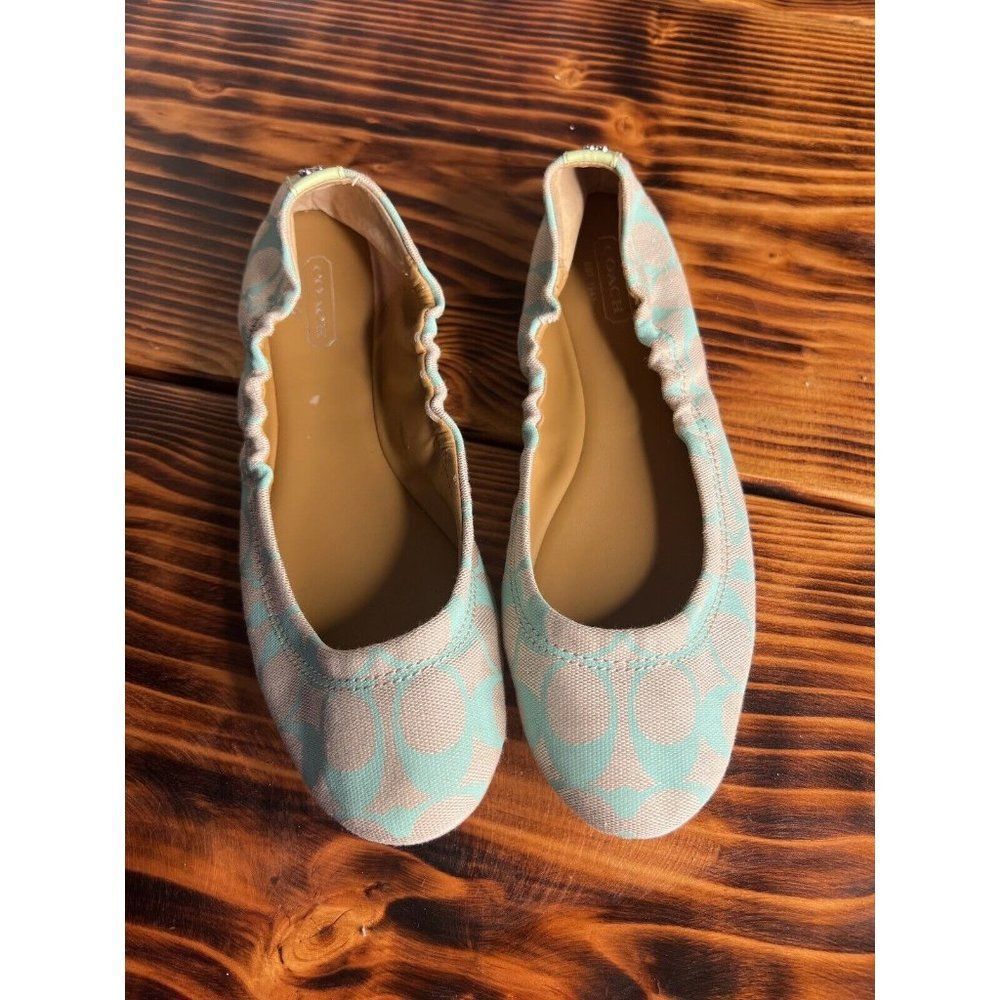 Coach Ballet Slippers 8 Signature Flats Aqua Coco Tan… Gem